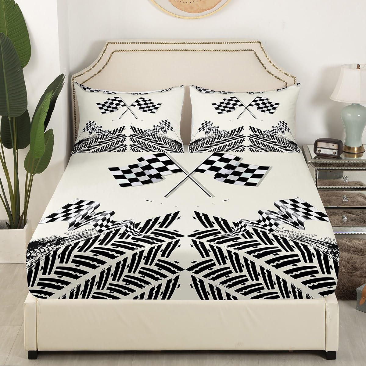 Erosebridal Race Car Bed Sheets Full Size - Checkered Flag Pattern, Black & White, 4-Piece Set - View #2