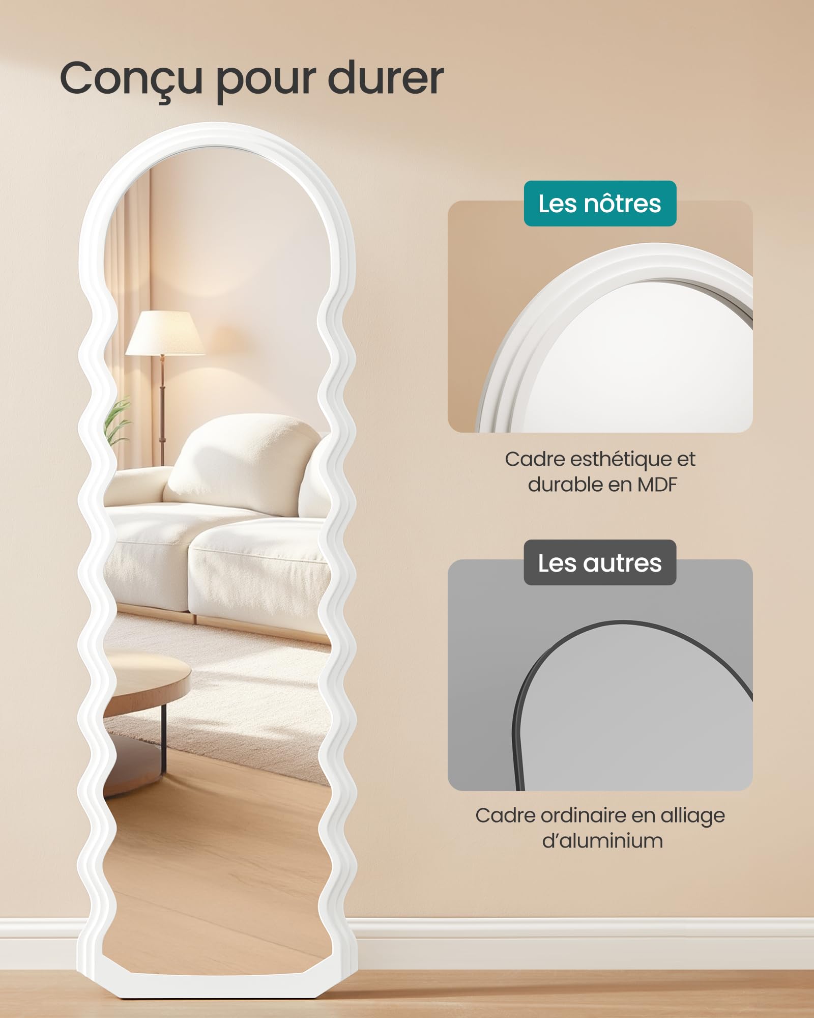 SONGMICS Miroir Complet, 160 x 50 cm, Miroir sur Pied Pleine Longueur Ondulé Irrégulier avec Support, Cadre en MDF, pour Chambre, Salon, Entrée, Blanc Nuage LFM027W01