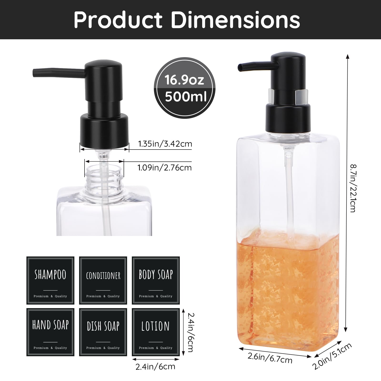 Segbeauty Dispenser Sapone Cucina, 4 Pezzi 500ml Dispenser Doccia, Dispenser Shampoo e Bagnoschiuma, Dispenser Shampoo in Plastica, Dispenser Detersivo Piatti con Etichetta (Trasparente)