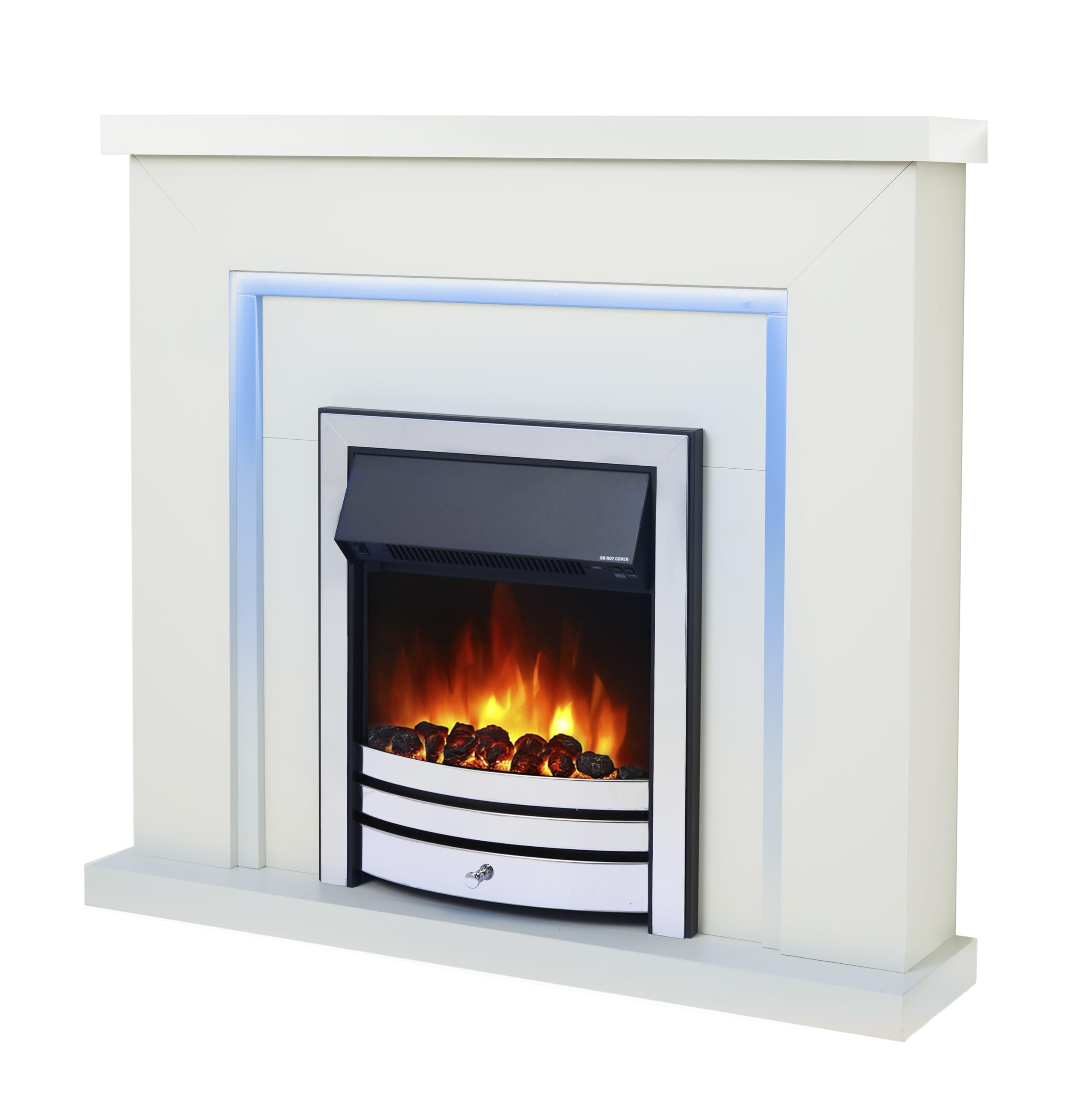 Endeavour Fires Bempton 42" Electric Fireplace Suite with Flame Effect & Coal Bed, Remote Control, Custom Surround, 13-Colour LED Lighting, Eco Heater, White Top/White Hearth/Chrome Fire