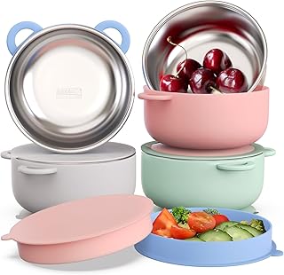 Baby Suction Bowls with Lids 4-Pack, 2-in-1 Stainless Steel 304 Toddler Bowl & Removable Silicone Suction Kids Bowl Plate Set Non Toxic Snack Dishes for Self-Feeding, Sunrise Meadow