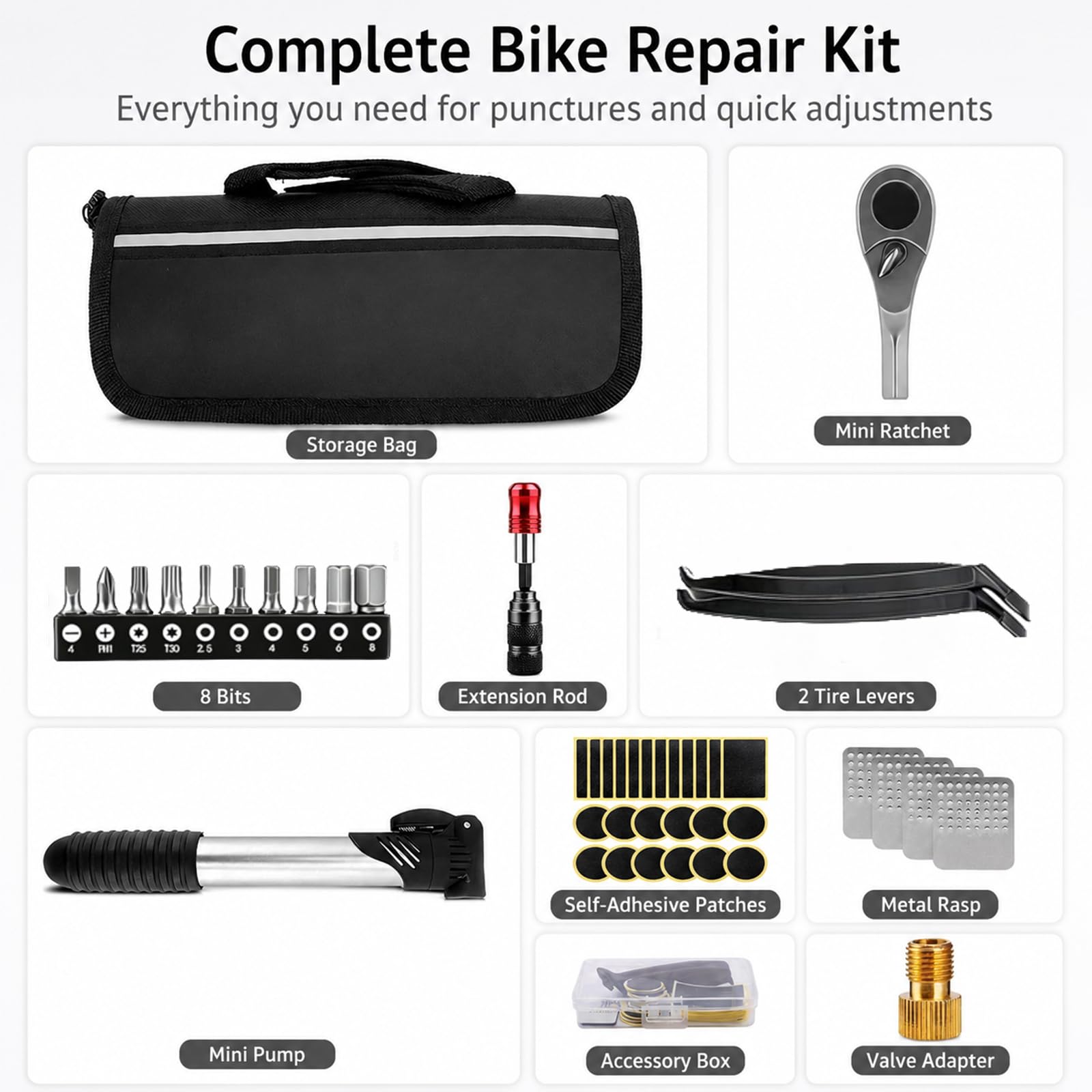 Flickzeug Fahrrad & Reparaturset, mit Mini Ratsche, Luftpumpe mit Adapter, 2 Reifenheber, selbstklebende Flicken, tragbar für Rennrad, MTB, E-Bike