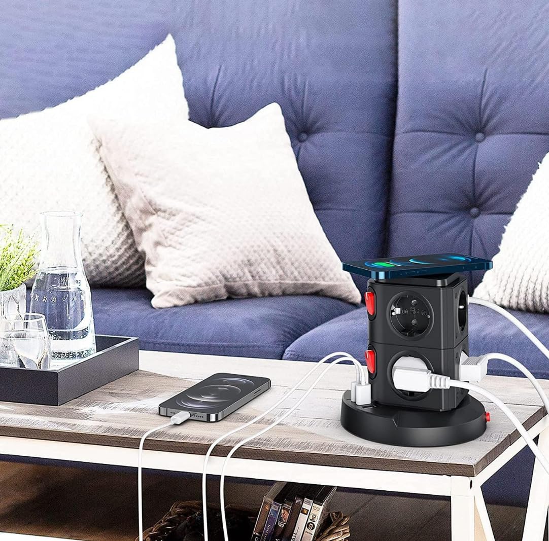 Vetech Akım Korumalı Priz Kule Tipi Kablosuz Şarj İstasyonu, 8 Priz, 2 TYPE-C, 1 USB Girişli, 2Mt Kablo