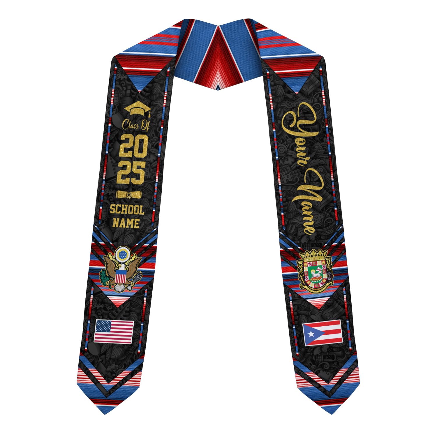 MonkeyVan Personalized Puerto Rico Graduation Sash 2025, Custom Puerto Rican American Flag Graduation Stole Class of 2032 S160