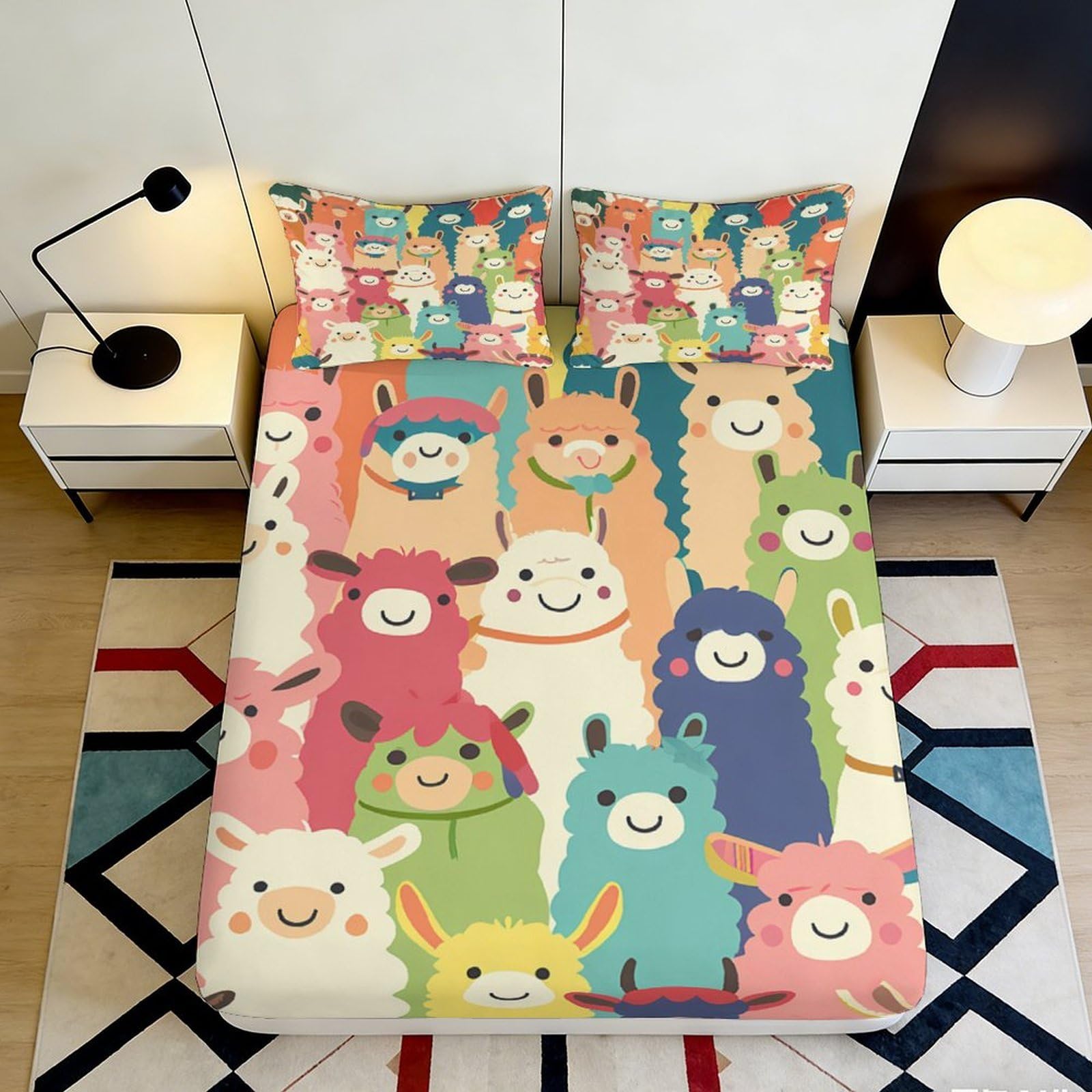 3D Printed Colorful Cartoon Llama Fitted Sheet Microfiber Soft Anti-Slip Cute Alpaca Mattress Cover for Bedroom Guest Room Decor 90x200x25cm