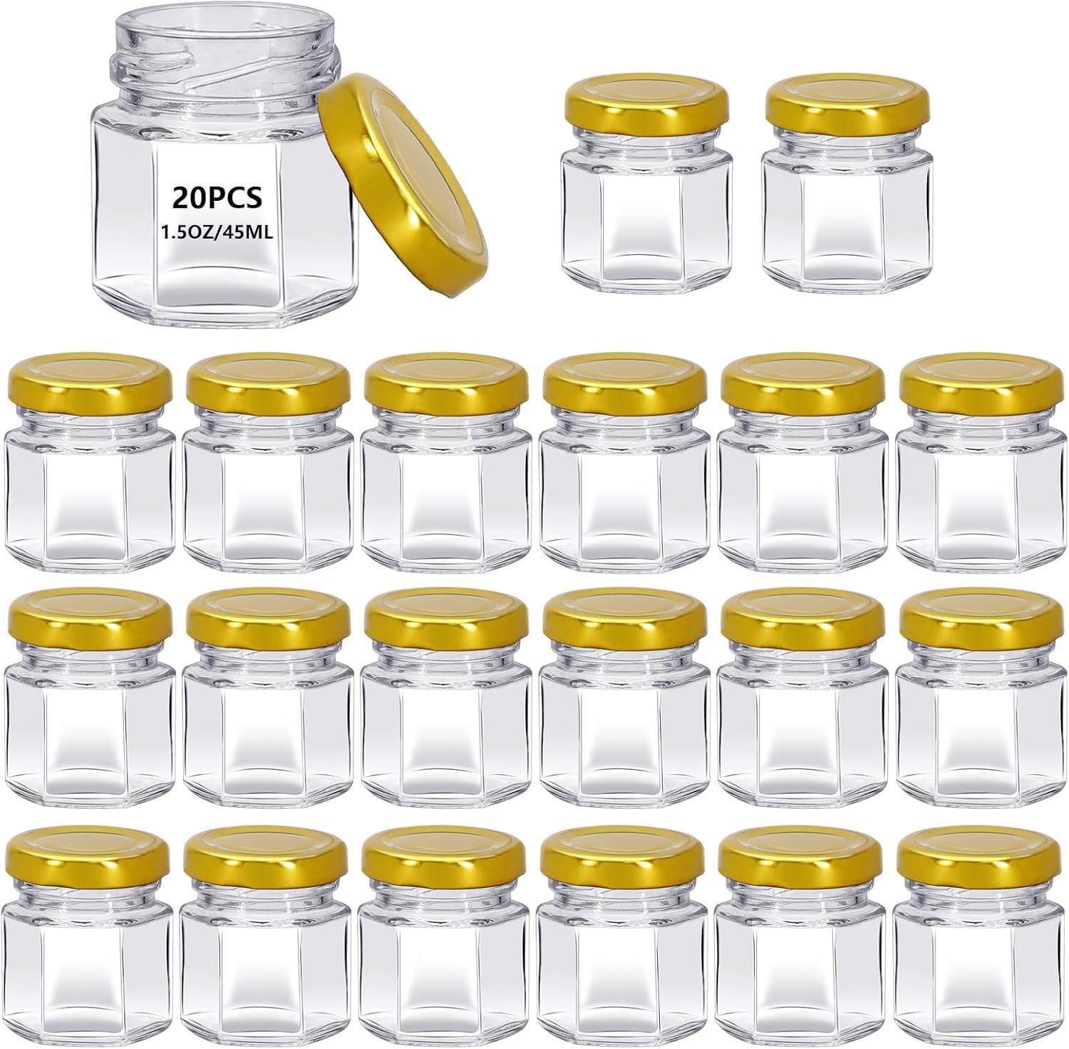 20Pack 1.5 oz Mini Clear Honey Jars for Wedding Favor, Baby Shower, 45ml Small Glass Favor with Airtight Lids, Gift Jars, Sample Body Butter, Jam, Spices, Herbs, Candy, Candle (Gold cap)