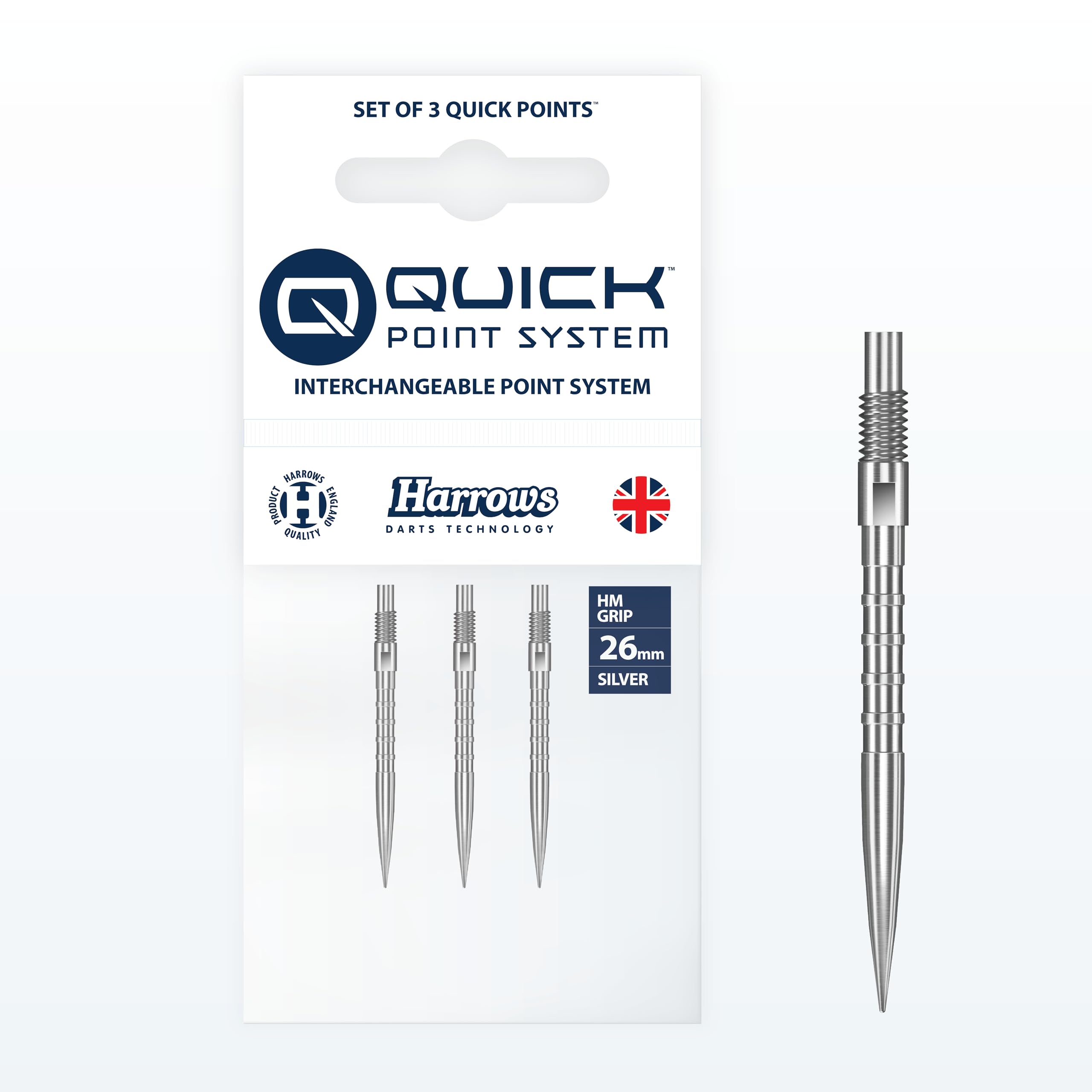Harrows HM Grip Heavy Metal Quick Points – Ryan Searle Inspired Dart Points with Square-Cut Finger Grip Rings – No-Break Quick Point System for Fast Point Swaps (Silver, 26mm)
