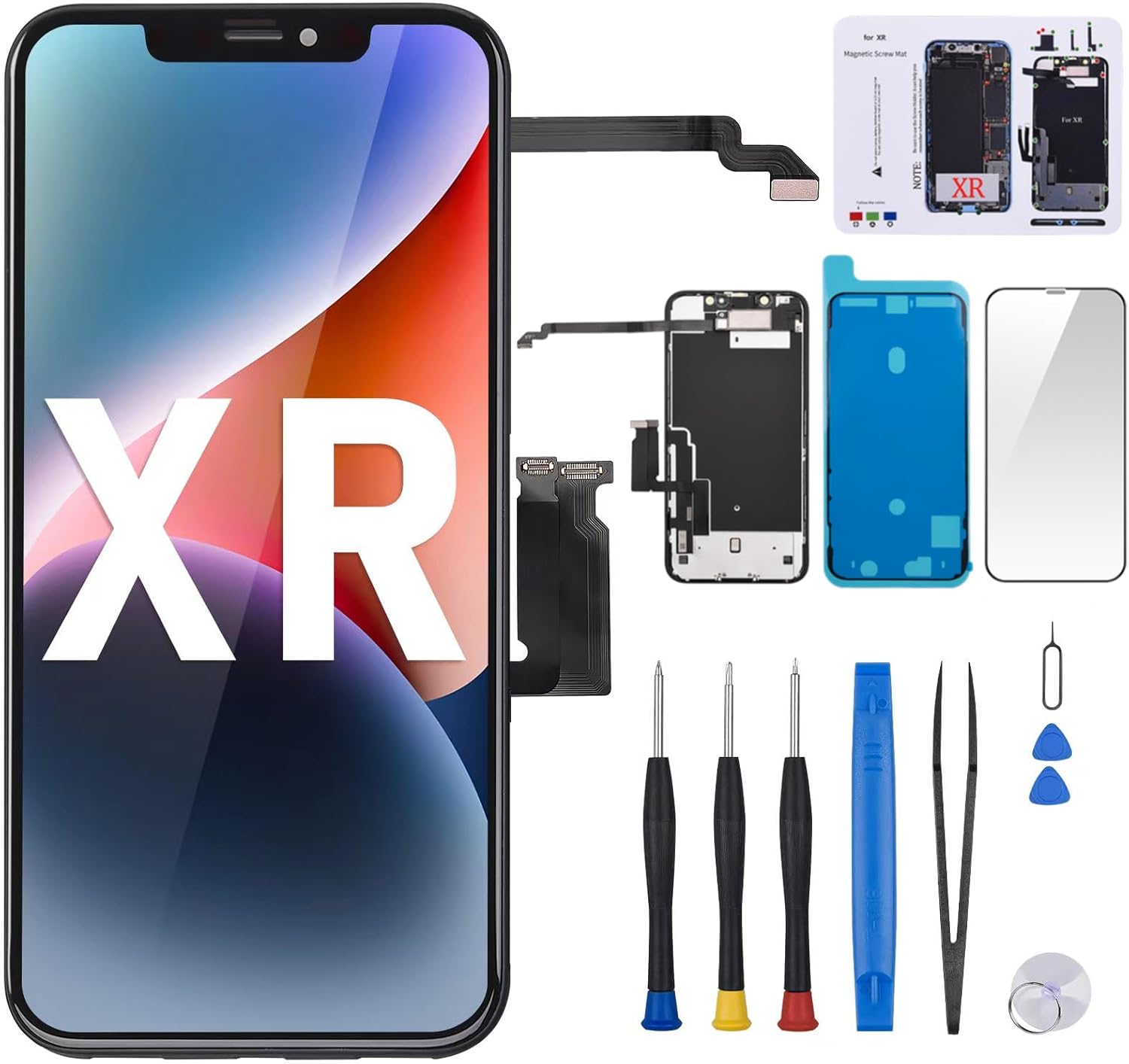 for iPhone XR Screen Replacement 6.1" with Ear Speaker Proximity Sensor Kit LCD Display 3D Touch Digitizer Assembly Fix Tool Magnetic Screw Mat Front Earpiece Repair A1984 A2105 A2106 A2108