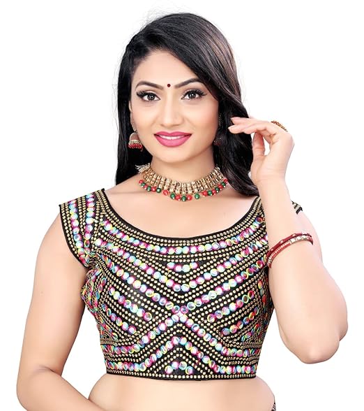 Women's Fashion Real Mirror Embroidery Sequence Work Round Neck Sleeveless Readymade Blouse