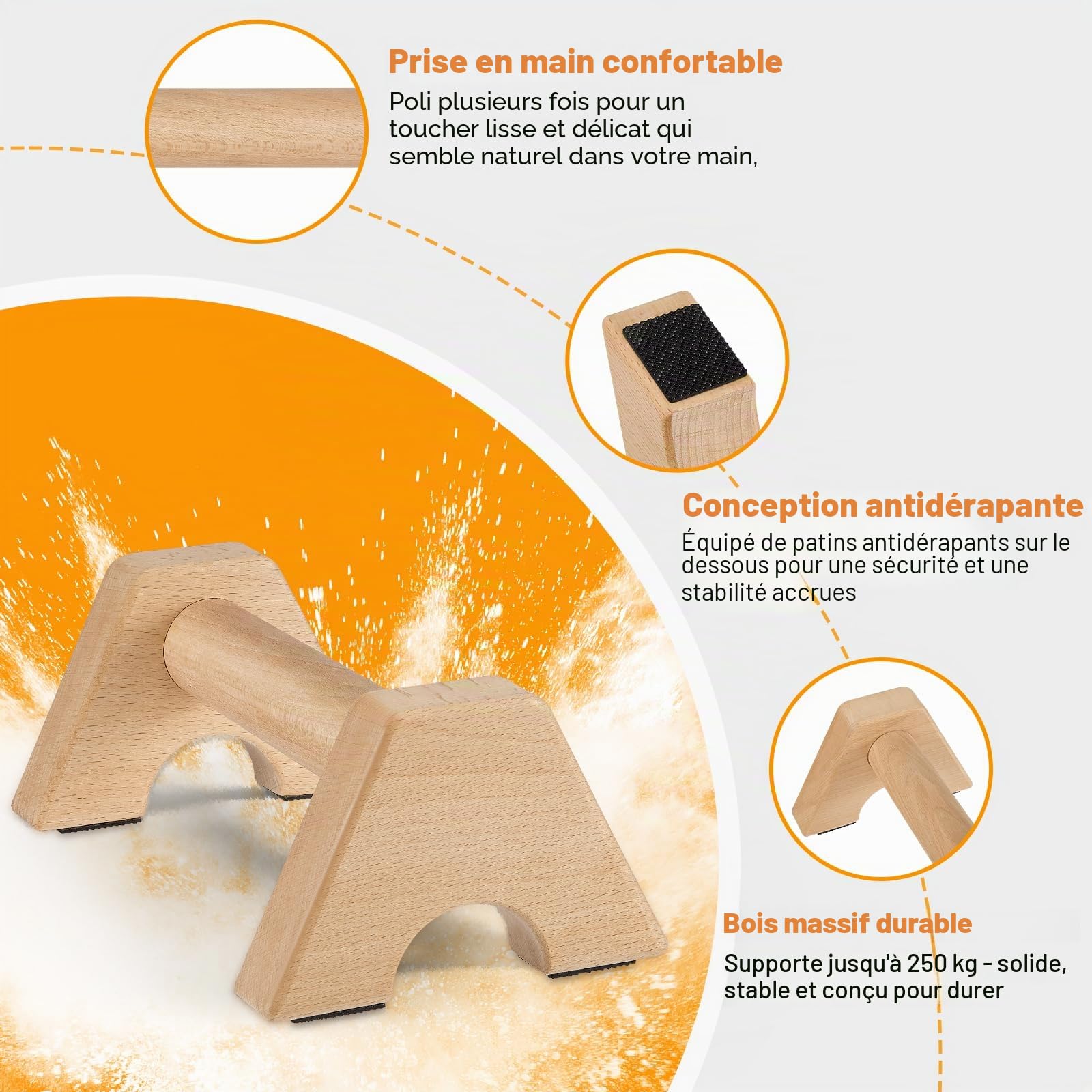 Parallettes, Poignées de Pompes en Bois Antidérapantes, Stables et Protectrices pour les Articulations avec Deux Sangles Amovibles, Equipement Cardio pour Appuis Renversés et Pompes