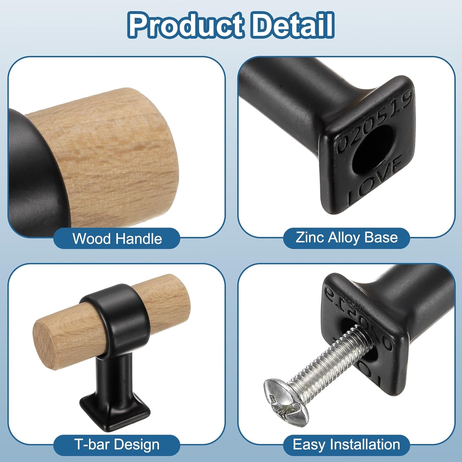uxcell 4 Pcs T-Bar Wooden Drawer Pulls Wood Single Hole Dresser Drawer Knobs Furniture Dresser Pull Handles with Screws for Home Kitchen Room Closet Cupboard, Black/Gold
