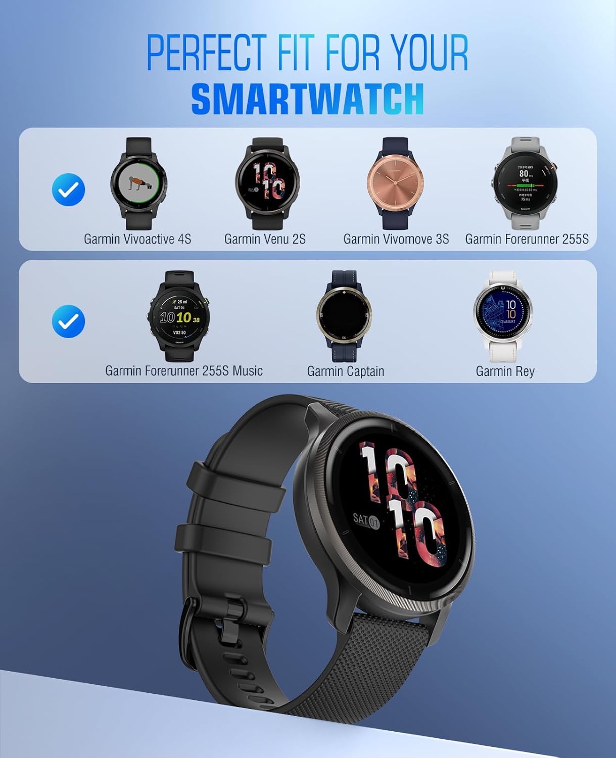 Compatibility chart for MoKo 18mm watch band with various Garmin smartwatches