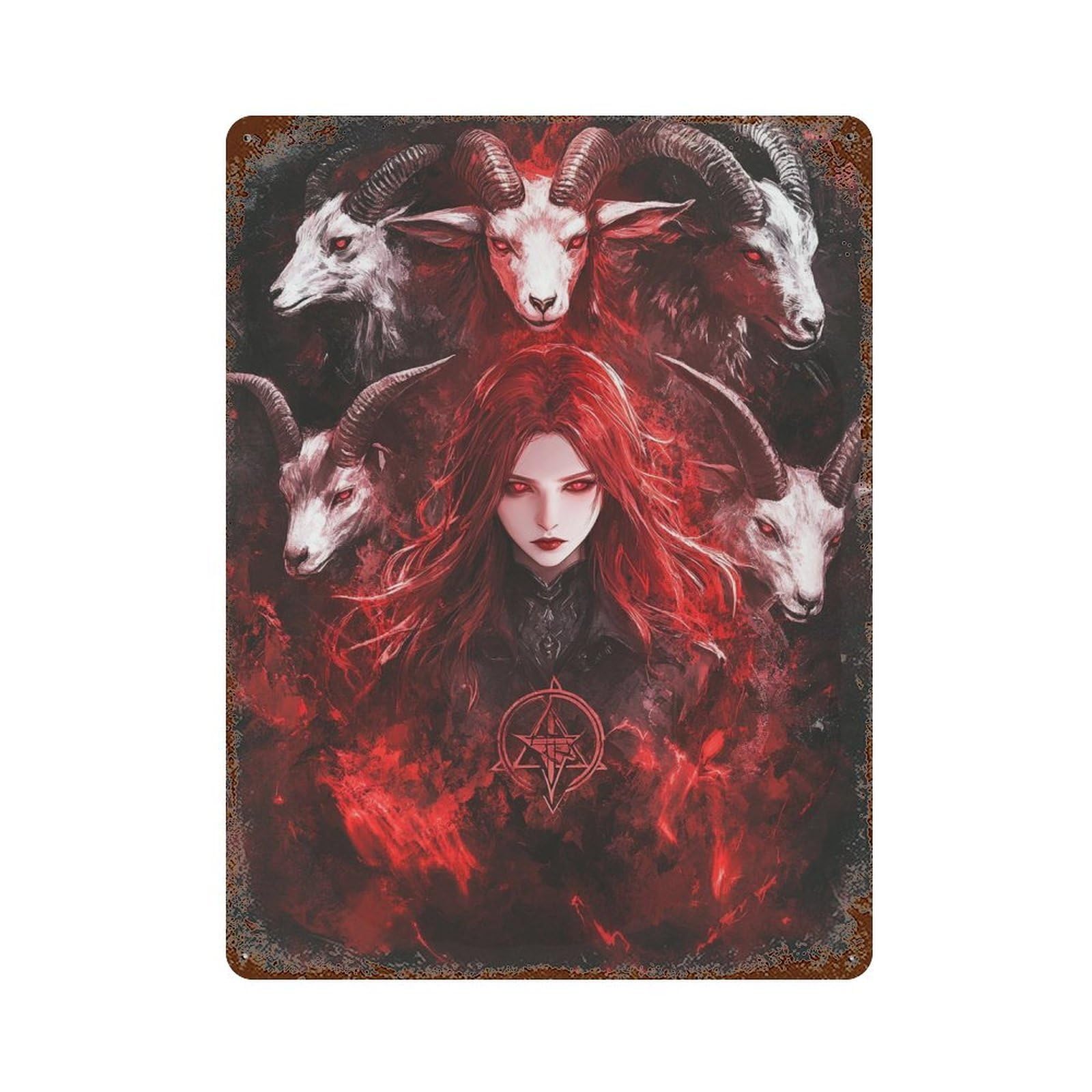 Dark Fantasy Artwork with Red-Haired Woman And Demonic Goats Vintage Rust Metal Sign 15.7"x11.8", Shabby Chic Decor for Shed, Workshop And Garage Wall Decor