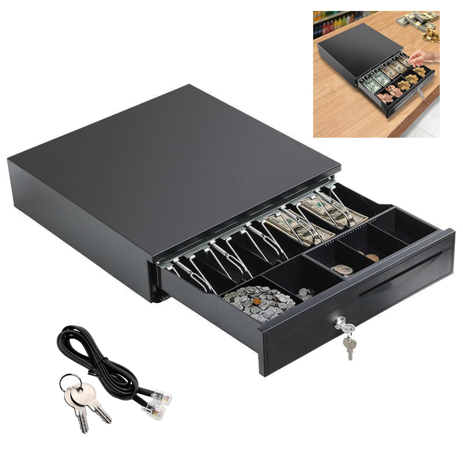 Cash Box Money Till Drawer with 5 Bill 5 Coin Removable Trays, Cash Register Drawer Auto Manual Open, Key-Lock RJ11 Adjustable Removable Cash Tray Till, 40.5 x 42 x 10cm