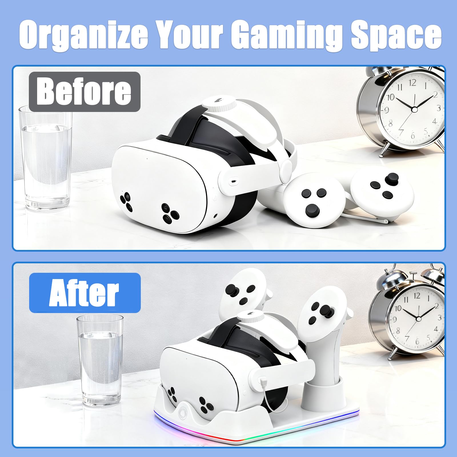 Stazione di Ricarica Compatibile con Meta Quest 2/3/3S, Dock di Ricarica Rapida per Quest 3 con Luci RGB, Caricatore per Cuffie VR, Accessori VR