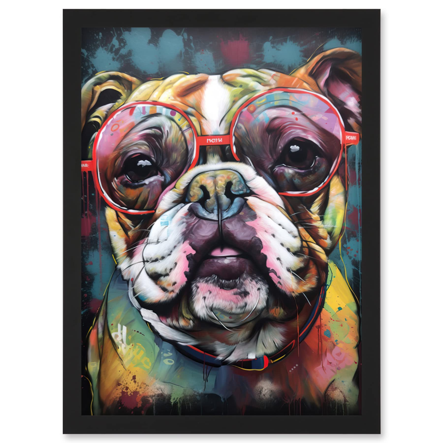 Artery8 English Bulldog Wearing Sunglasses Modern Detailed Artwork Framed Wall Art Print A4