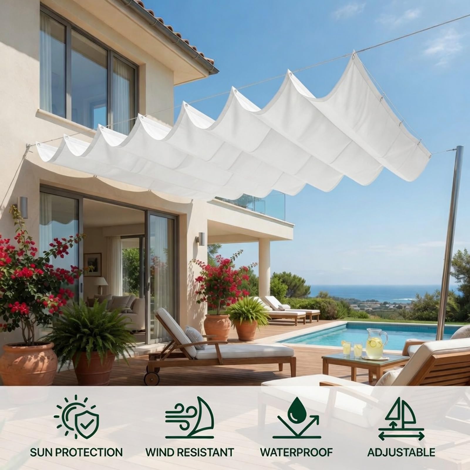 Einziehbar Welle Sonnensegel 1.7 x 2.5 m Einstellbar Verstellbar Markisenstoff Segel Sonnenschutz, Windschutz Schattiernetz für Terrasse-Garten-Rasen, Weiß