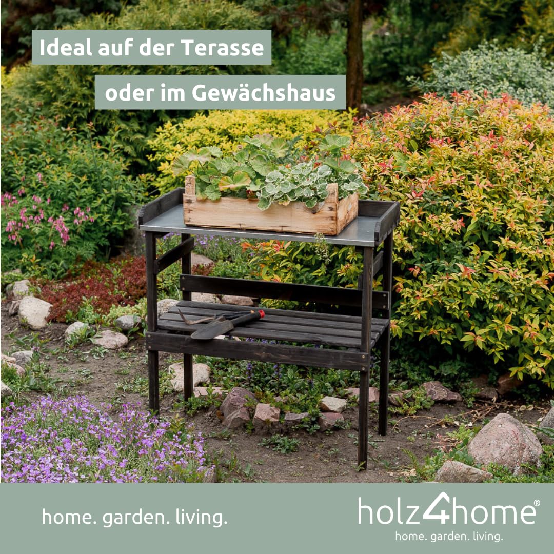 holz4home® Pflanztisch aus Holz mit Zinkplatte I Schwarz mit 2 Ablagen I Gartentisch aus Fichtenholz für Gartenarbeit Innen- & Außen I 78x82x38 cm I Tisch für Gewächshaus Pflanzen Blumentopf umtopfen