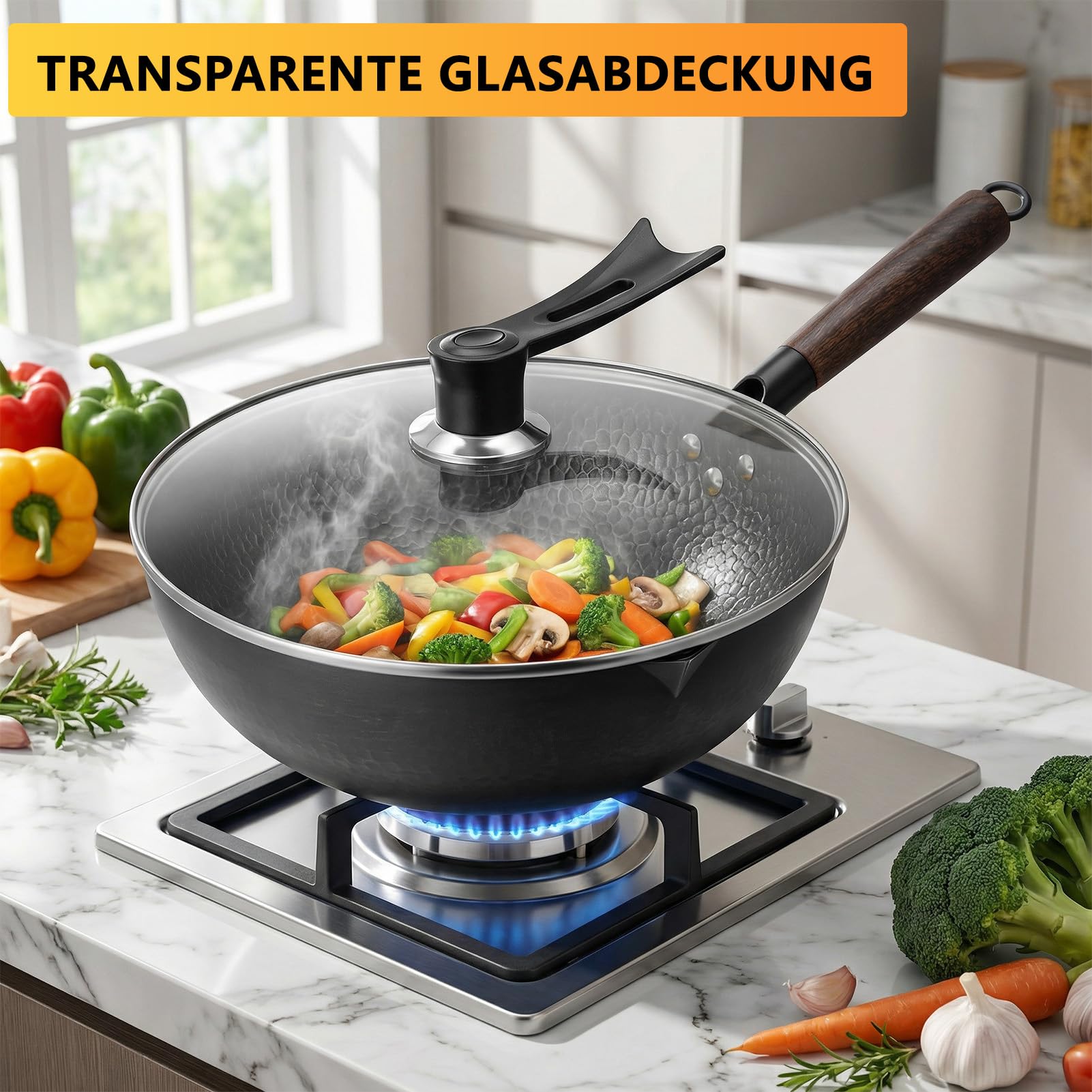 Wok mit Deckel 32cm Gusseisen Wokpfannen: Wok für Alle Herdarten Geschmiedet Eisenpfanne Keine Chemische Beschichtung Rostfrei und Leicht Reinigen