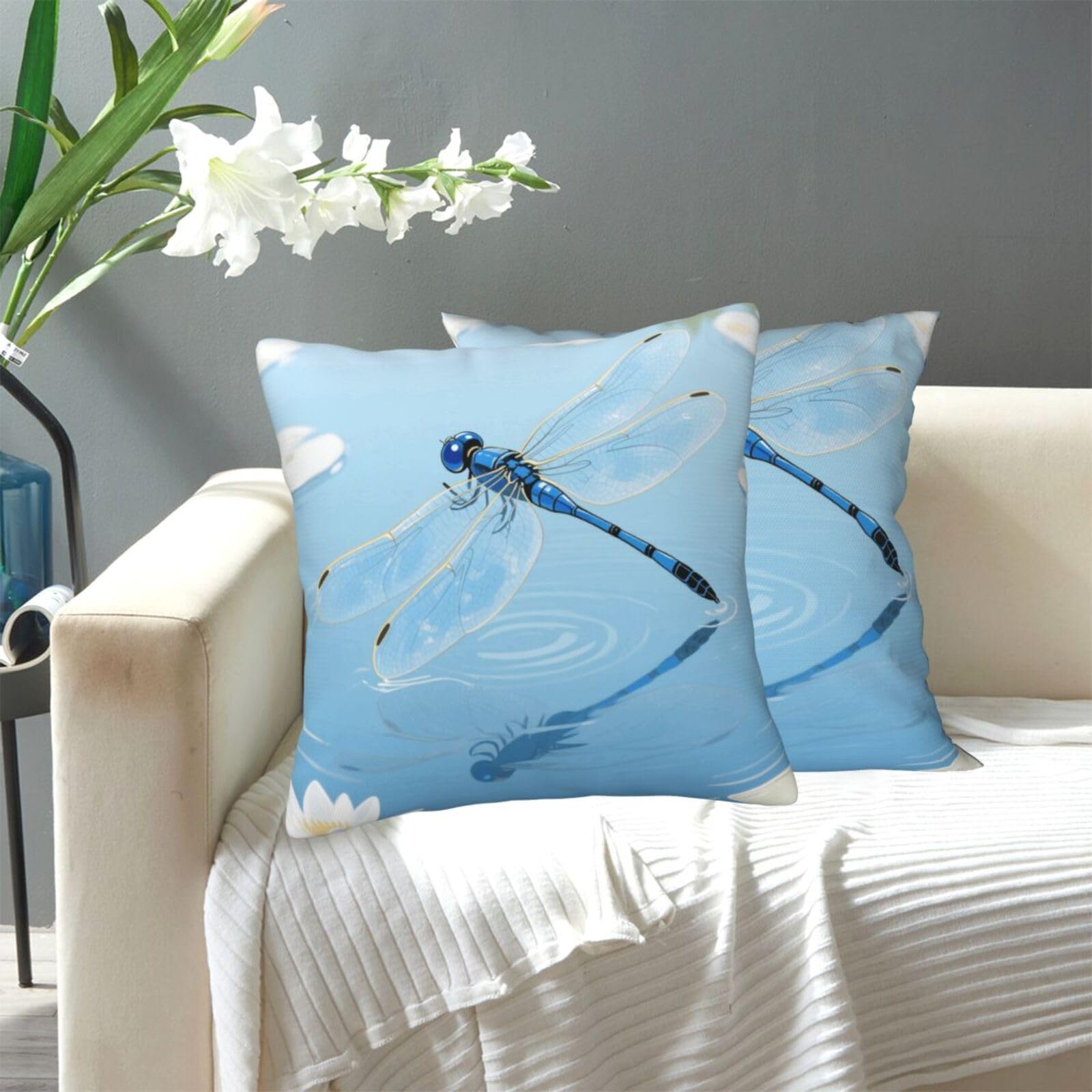FekiLoot Decorative Throw Pillow Covers Modern Farmhouse Pillowcase Double Sided Cozy Cushion Cover for Sofa Couch Bed 20"X20" Blue Vintage Dragonfly