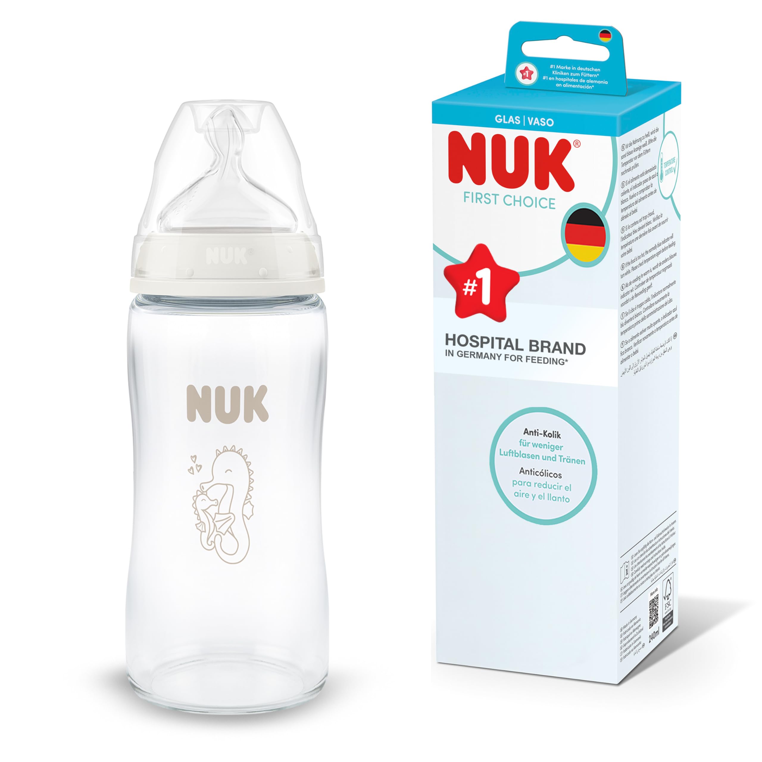 NUK First Choice Biberón | 3+ meses | 240 ml | Biberón anticólicos | Vidrio | Indicador de control de temperatura | Caballito de mar | 1 unidad