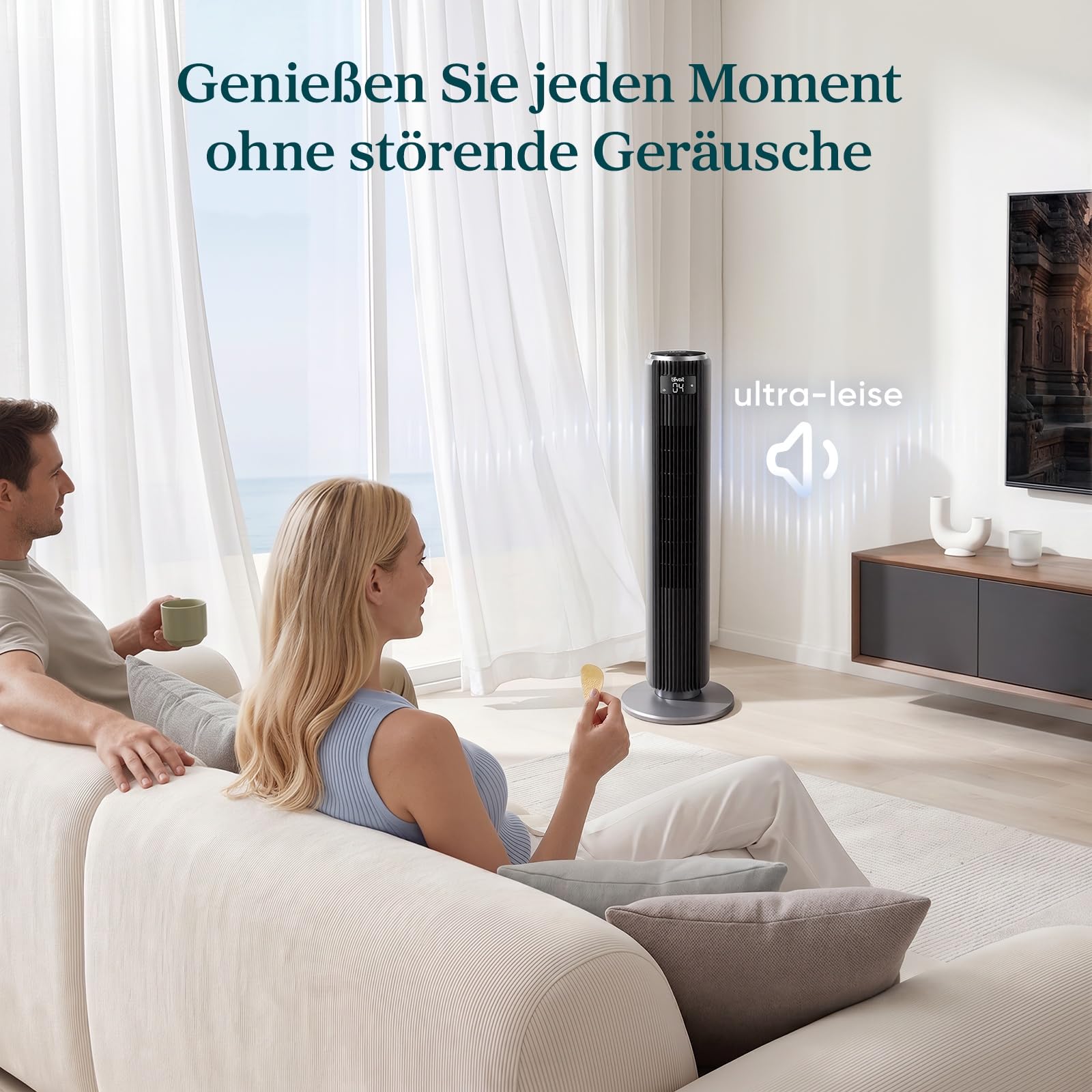Levoit Turmventilator mit Fernbedienung, oszillierender Säulenventilator, 5 Geschwindigkeiten, 4 Modi, 12 Std Timer, 92 cm, Mattgrau