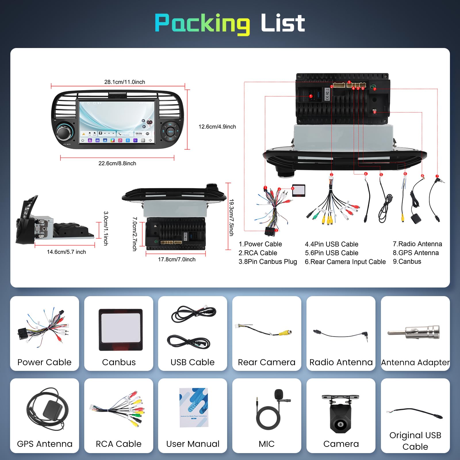 Hodozzy 2G+64G Autoradio für FIAT 500 2007-2015 Wireless Carplay Android Auto, Radio 2 Din 7 Zoll Touchscreen mit Bildschirmo GPS Navi Bluetooth WiFi, FM/RDS Canbus USB Bunte Lichter Rückfahrkamera