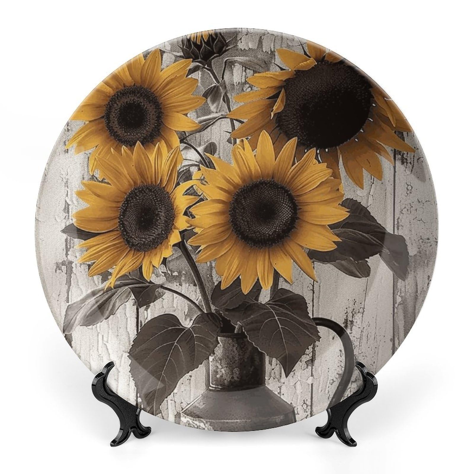 Kjdfhk Farmhouse Sunflower Bone China Decorative Plate Ceramic Decorative Plate for Home Office Wall Decor, with Vertical Stand Decorative Plates for Home Club