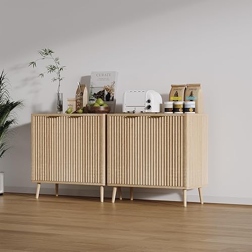 Miniatura 6 de Moderno gabinete de buffet delgado acanalado con almacenamiento, aparador redondeado de mediados de siglo con puertas y estantes ajustables, armario