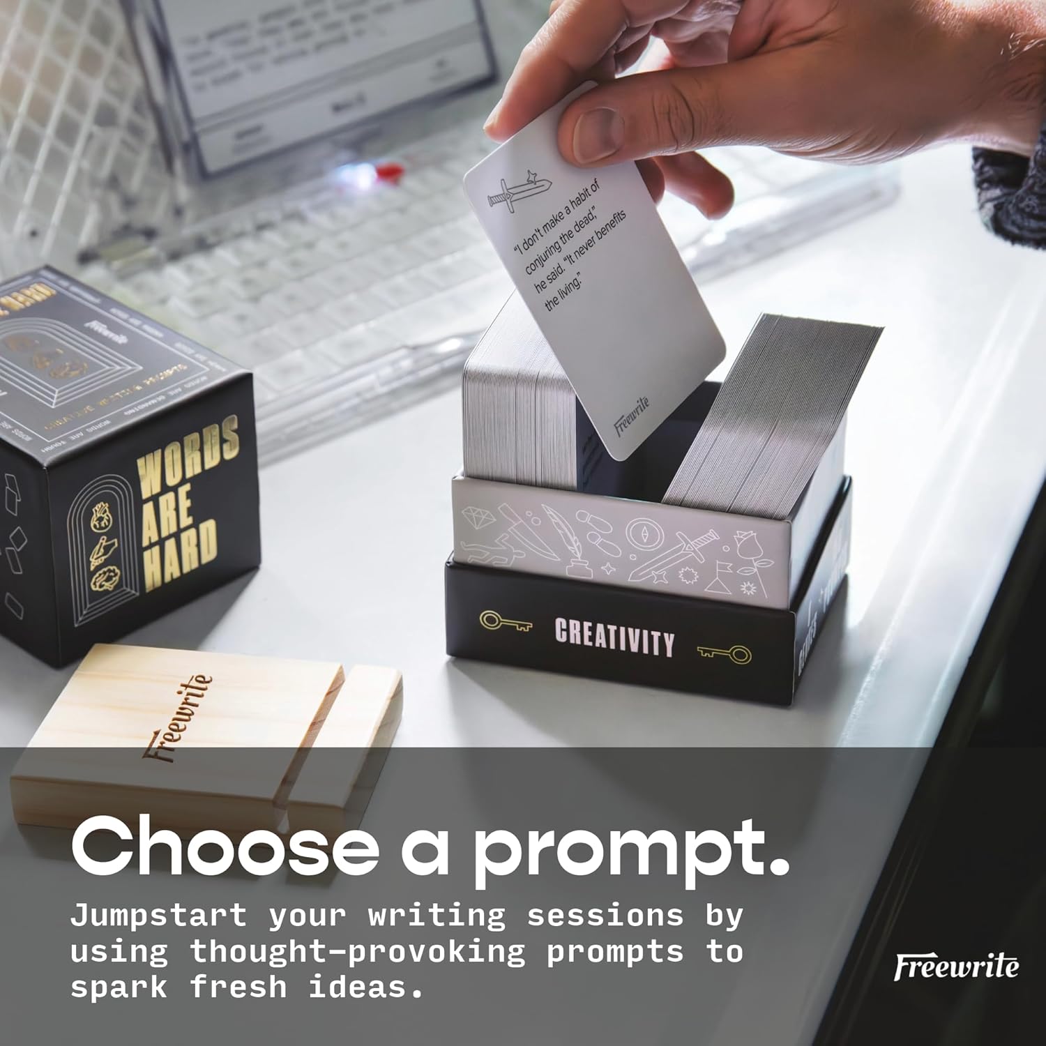 Astrohaus Freewrite Words are Hard Writing Prompt Deck | 150 Creative Writing Prompts for 8 Genres | Gifts for Writers with Inspiring Illustrations | Storytelling Cards with a Custom Wooden Stand