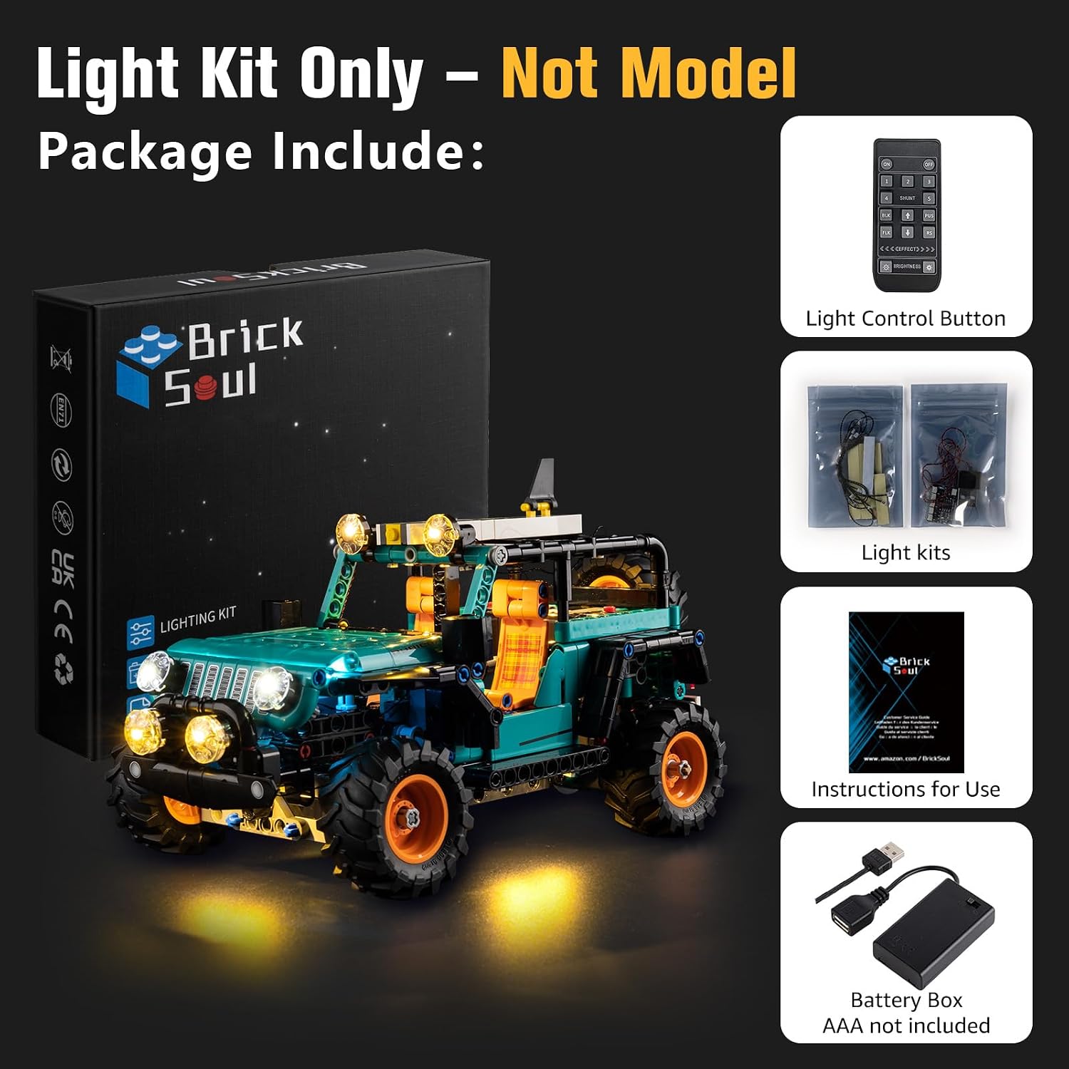 BrickSoul Light Kit Compatible with Lego Jeep Wrangler Rubicon SUV 42227 Building Blocks, Upgrade Remote Control,Lighting Accessories Only