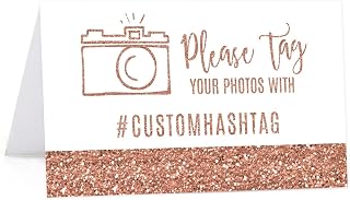 Andaz Press Rose Gold Faux Glitter Wedding Party Collection, Personalized Printable Table Tent Place Cards, Your Hashtag, 20-Pack, Champagne Colored Decor Decorations, Custom