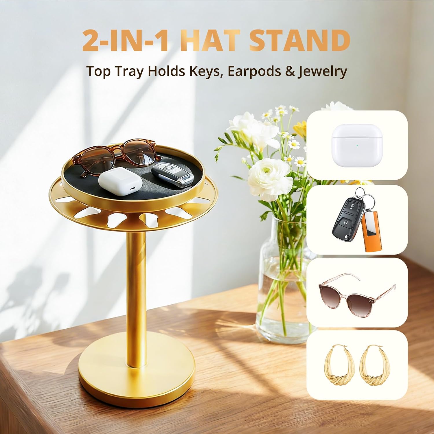 kondyfayo 360 Rotating Hat Organizer for Baseball Caps with Tray (Gold) image 4