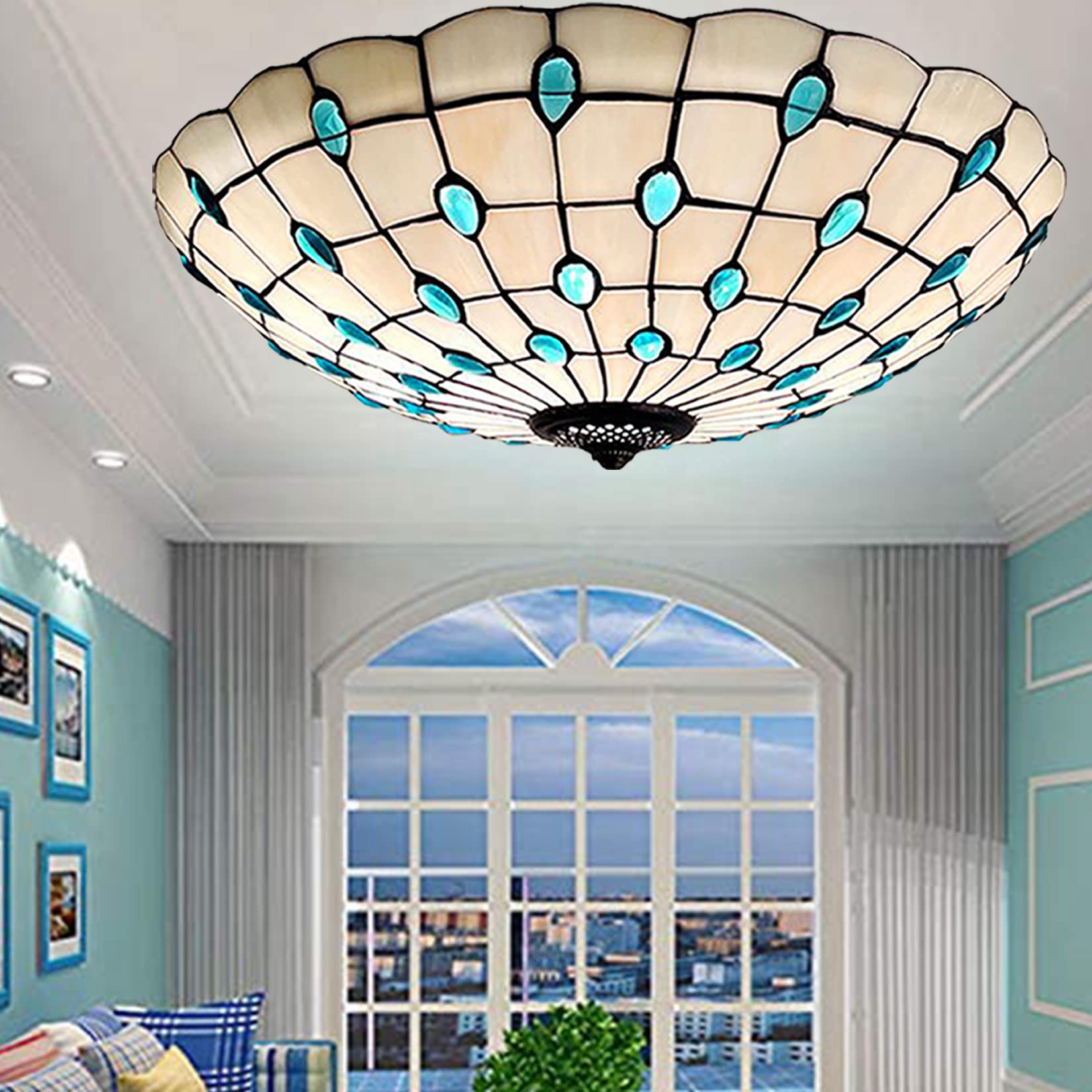 Aioneer Tiffany Ceiling Lights,Stained Glass Ceiling Light,Tiffany Flush Mount Ceiling Light For Bedroom Dining Living Room Entryway Foyer Hallway Kitchen,Mediterranean Ceiling L-Blue 3-21in