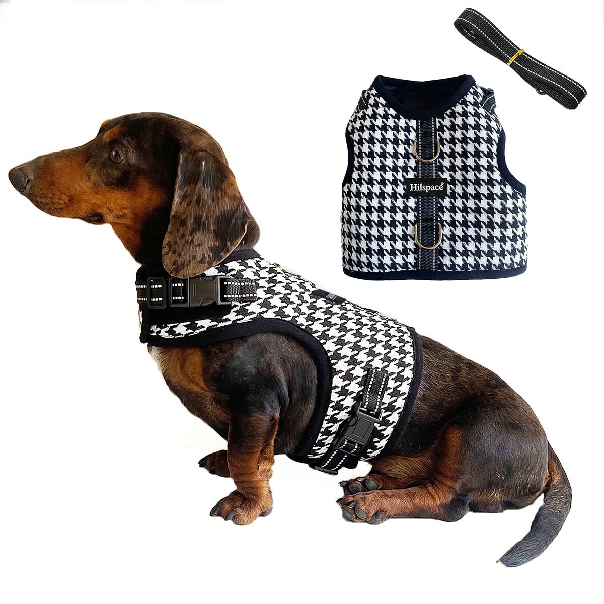 Dog Harness for Mini Dachshund, Houndstooth Rub-Free Dachshund Harness Vest, No Pull & Escape Proof, No Armpit Rub, Reflective Adjustable Dog Harness (Black, XS: Chest 25-31cm (10"-12"))