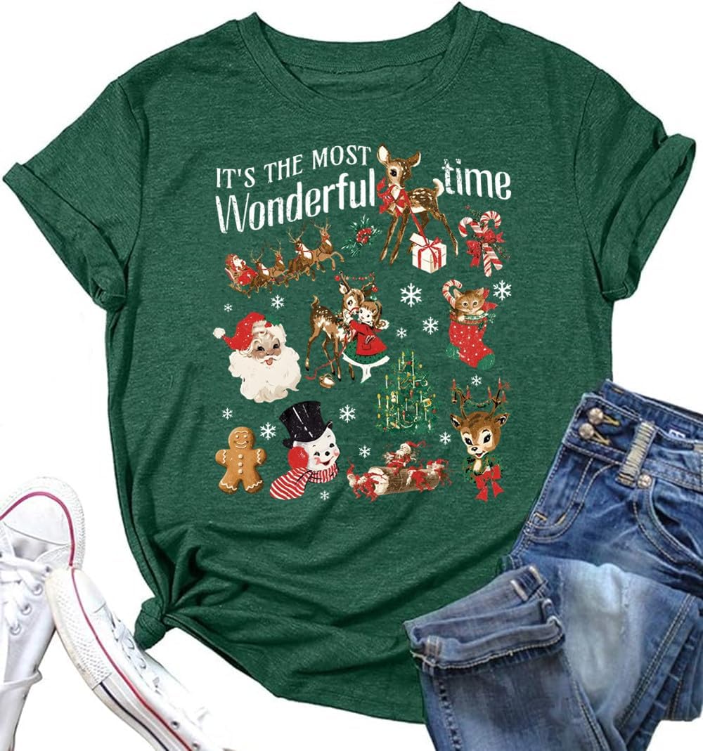 It's The Most Wonderful Time Christmas Shirts Women Santa Snowman Reindeer T-Shirts Xmas Graphic Tee Holiday Tops