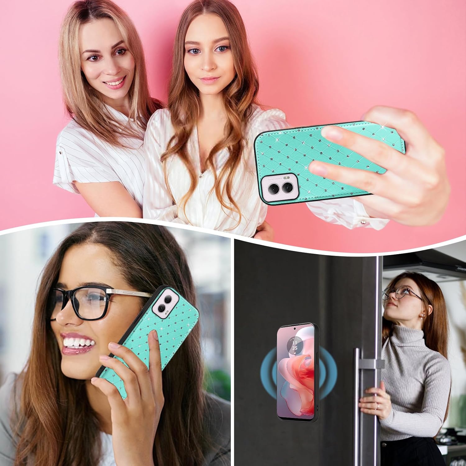 Asuwish Phone Case for Motorola Moto G Power 5G 2024 Zipper Wallet Detachable Magnetic Cell Cover with Tempered Glass Screen Protector Crossbody Strap Bling Flip Credit Card Holder G5 Women Girls Teal