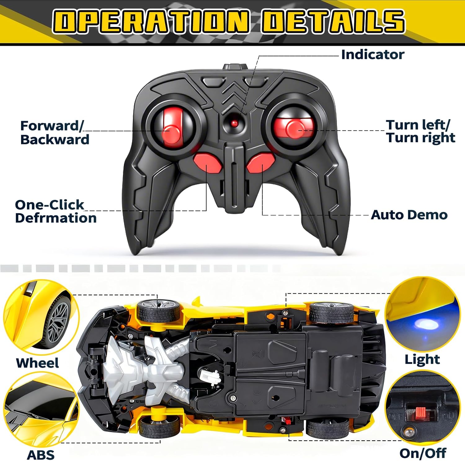 MISSING REMOTE RC Car, Remote Control Car for Boys 4-7 8-12 Gifts,1:18 Transform Robot Toy Car with 360° Rotating Led Lights & One Button Deformation,Kids Transform Toys for 3 4 5 6 7 8 9 10 Years Old