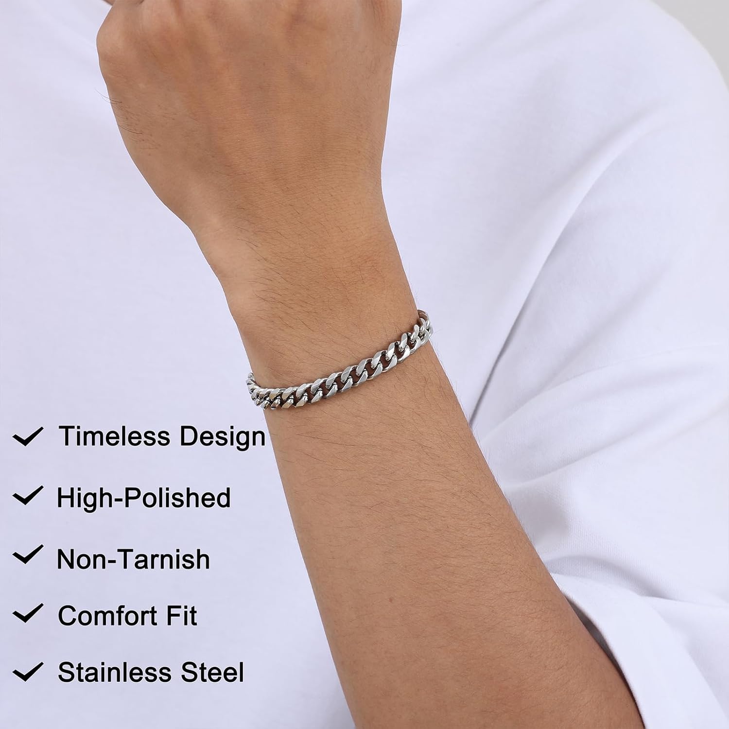 Fiusem Mens Silver Colored Bracelets for Men, Stainless Steel Cuban link Bracelet, 5mm/7mm/8mm Width, 7.1"/7.5"/7.9" Length Jewelry - Image 9