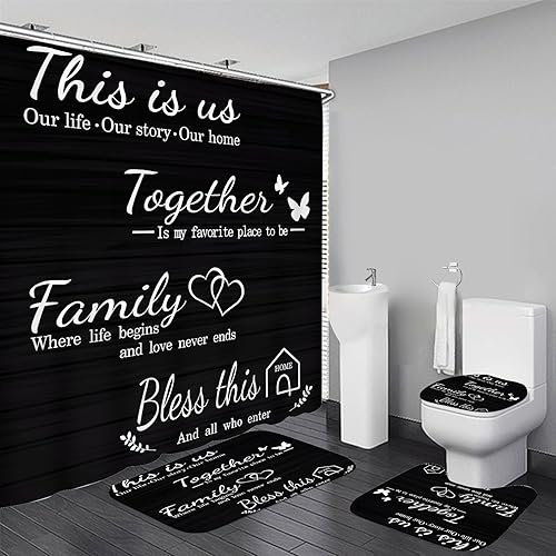 Juego de cortinas de ducha familiares AZHM Negro para baño con cortina de ducha y alfombras y accesorios Decoración de baño con cortina y 12 ganchos