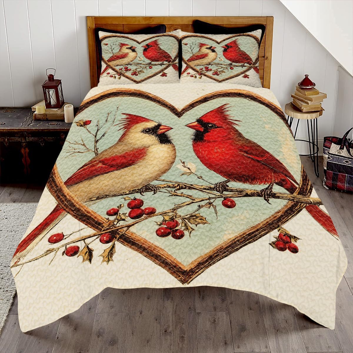 Customized Red Bird Quilt, Bird Quilts Full Size for Bedroom Decor, Cardinal Bedding