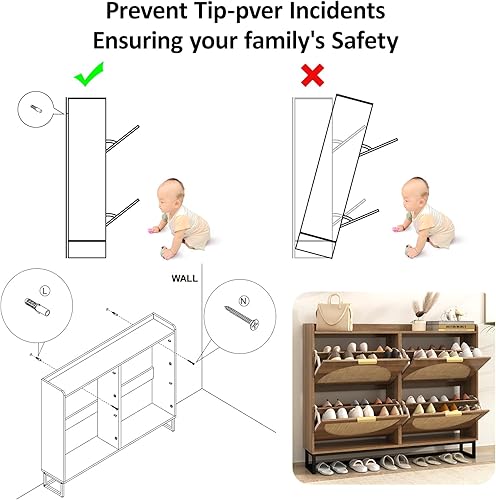 Miniatura 7 de Maupvit Gabinete grande de almacenamiento de zapatos de ratán con 4 cajones abatibles, organizador de zapatos independiente con patas de metal para