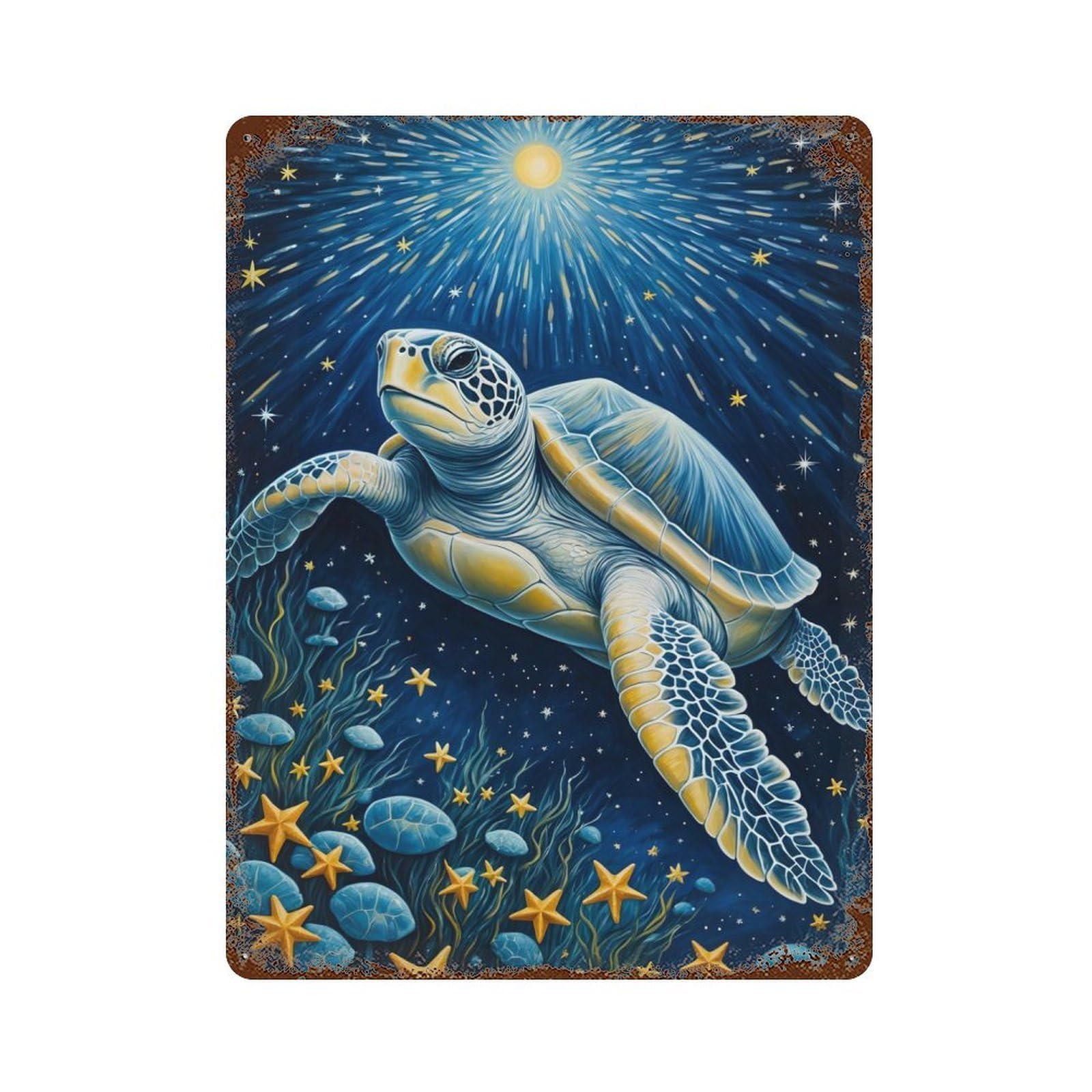 Sea Turtle in Starry Night Vintage Rust Metal Sign 15.7"x11.8", Farmhouse Wall Decor for Garage, Pub Or Kitchen