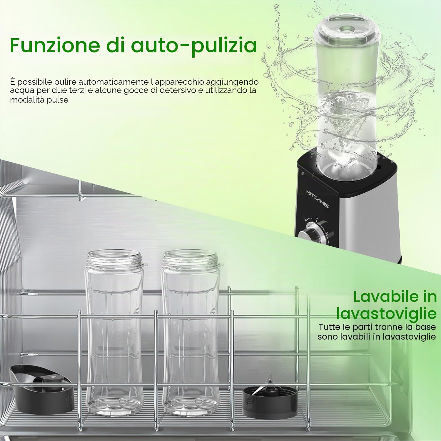KITCANIS Mini frullatore 3 in 1, frullatore elettrico 800W, 3 velocità regolabili, 2 bottiglie portatili da 600 ml e tazza da 300 ml per gelato, frutta, verdura, noci