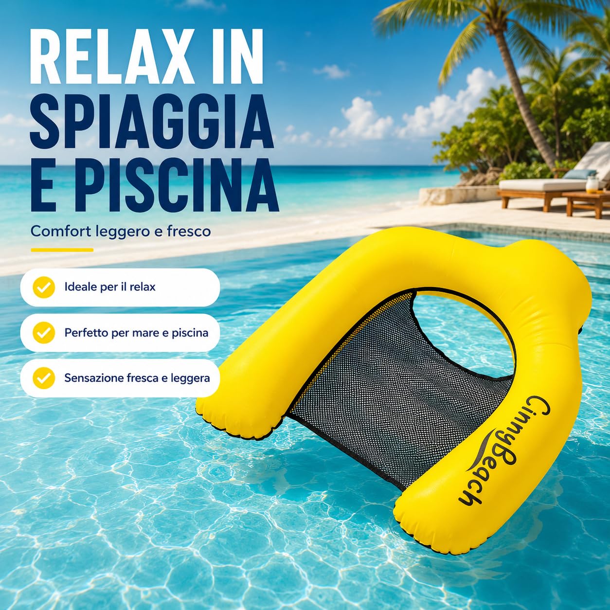 Cinnybeach, Materassino mare, Autogonfiabile, Poltrona piscina con Rete, amaca mare, Materassino Senza Pompa per Spiaggia e Piscina, con Borsa e Picchetto - Innovativo si Gonfia con il Vento (Giallo)