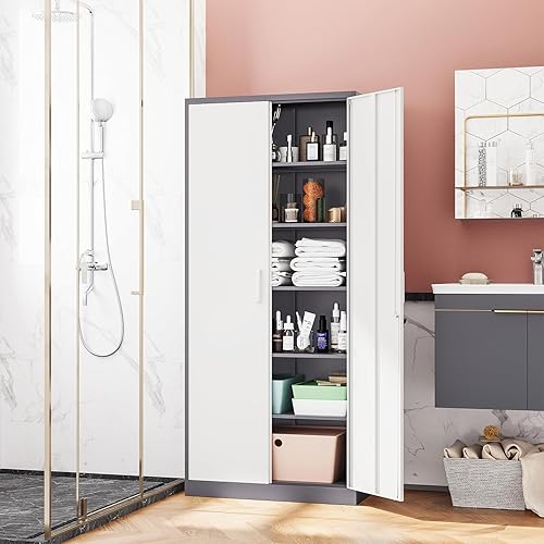 Miniatura 86 de Armario de almacenamiento de metal de 71 pulgadas con cerradura, resistente, gabinetes de herramientas de garaje con puertas y estantes, gabinete