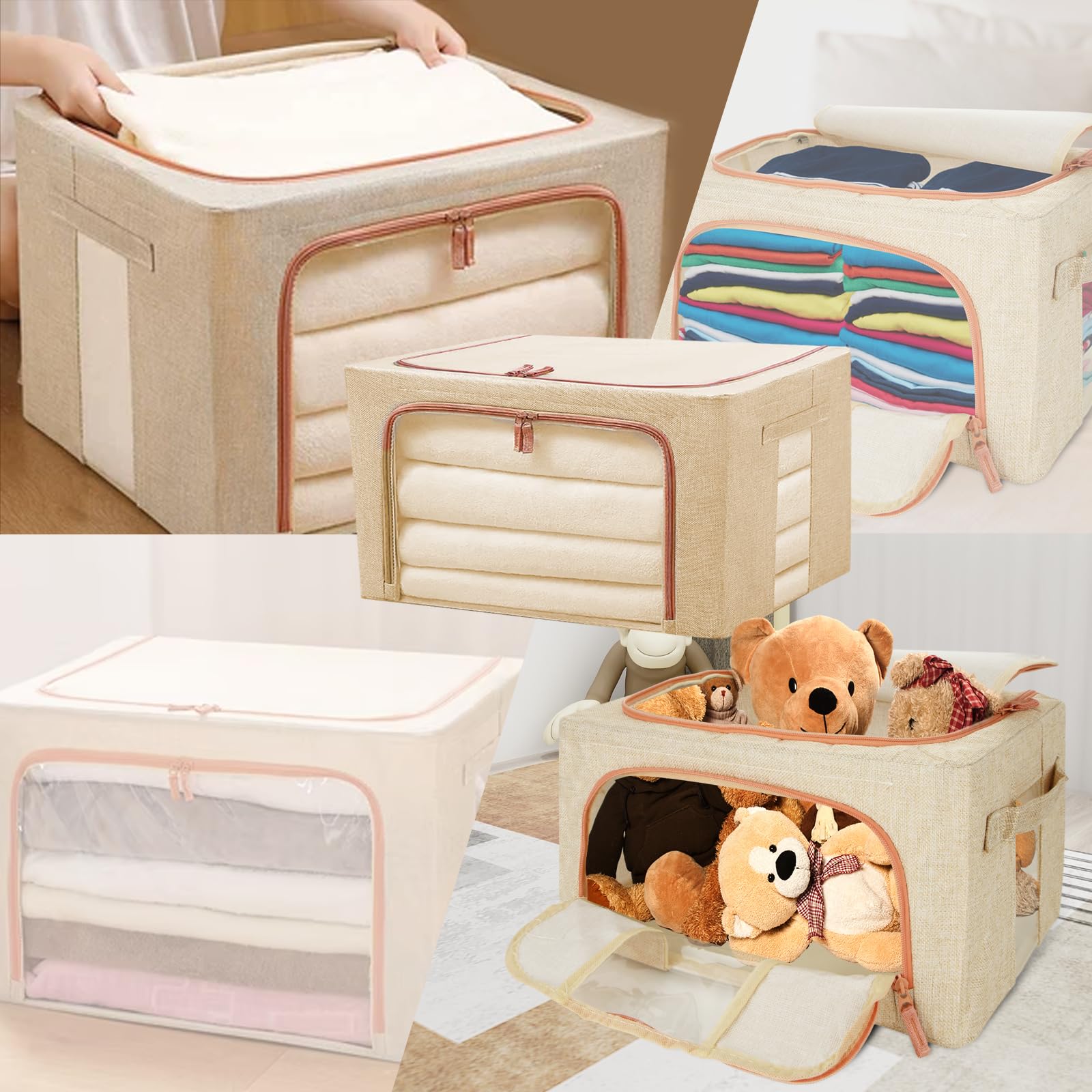 YOUNTHYE Paquete de 4 bolsas de almacenamiento de ropa, cajas plegables de almacenamiento de ropa de 24 L con tapas, ventana transparente y asas de transporte, caja de marco de acero de tela de lino