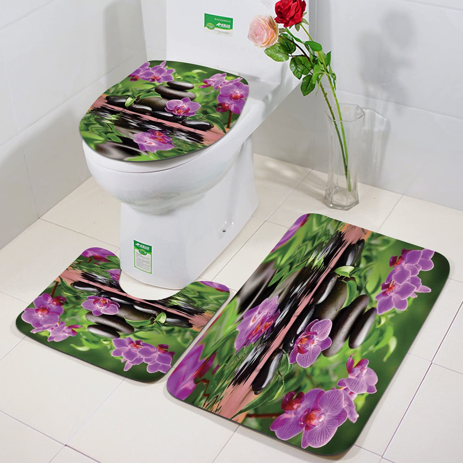 Bath Mat Sets 3 Piece Washable Bath and Pedestal Mat Sets,Spa Decor,Zen Basalt Stones and Orchid Reflecting on Water Greenery Wellbe,Bathroom Rug Set Absorbant Bathroom Mat Set Bath and Toilet Mat Set