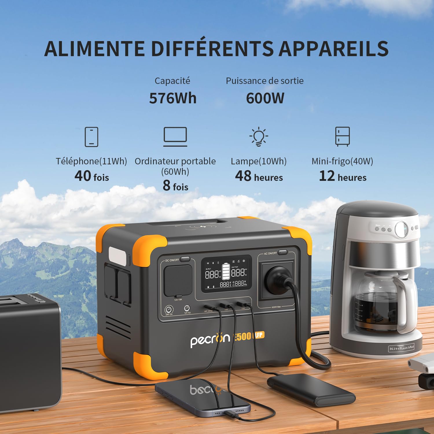 Station électrique portable PECRON E500LFP, Générateur solaire 600W/576Wh, Batterie de secours LiFePO4, Charge rapide pour usage domestique, camping-car, camping, PPC, urgences