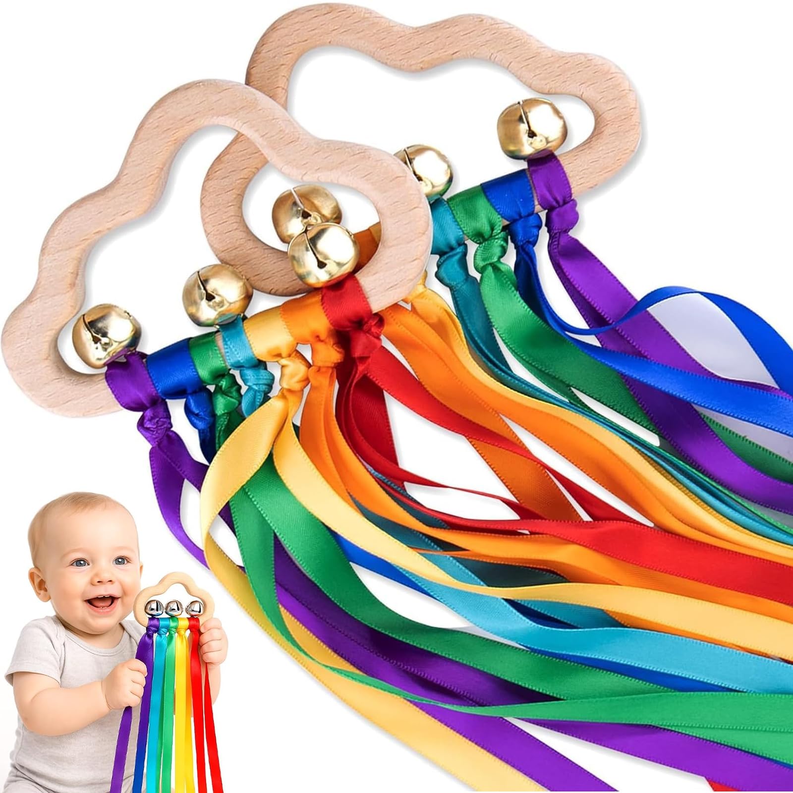 Sensory Wooden Ring Baby Toys - Montessori Rainbow Ribbon Rattle Toys with Bells, Educational Sensory Toys for Babies & Toddlers, Wooden Cloud Grip Toy for Crawling & Play, 2 Pieces